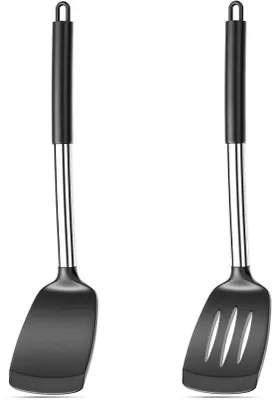 Produktbild von Ibenzoa® Silikonspatel-Set 4-tlg. – hitzebeständige Küchenwender mit Edelstahlkern, inkl. 35 cm Wokspatel, Schaber & Schlitzspatel, bis 240 °C