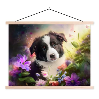 Produktbild von MuchoWow® Textilposter Welpe - Sonne - Blumen - Natur - Border Collie - Hund 40x30 cm mit holzfarbenen Rahmen - Bilder