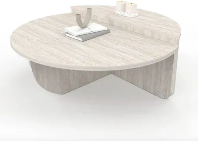 Zdjęcie produktu dla Zestaw dwóch okrągłych stolików do salonu z efektem trawertynu – nowoczesny, asymetryczny design stolików do salonu, dwuczęściowy zestaw stolików pomocniczych, skandynawskie i minimalistyczne meble do salonu