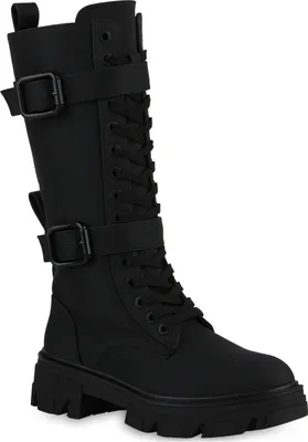 VAN HILL Damen Schnürstiefel Stiefel Schnallen Profil-Sohle Schuhe 840530, Farbe: Schwarz, Größe: 39