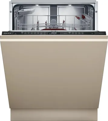 A fully integrated dishwasher with its door open, showing the interior racks and control panel.