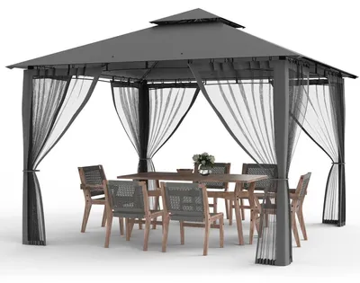 Immagine prodotto di Gazebo da giardino 2.8x2.8m, grigio, con tetto a due falde, impermeabile, zanzariera, struttura in metallo