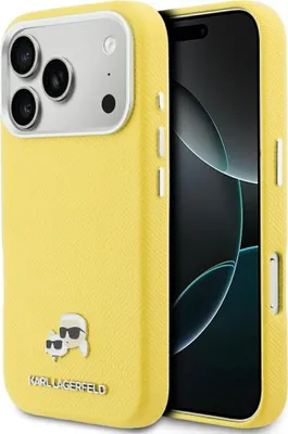 Produktbild von Handyhülle für iPhone 17 Pro Max, Karl Lagerfeld HardCase Karl and Choupette Head Pin Saffiano, Gelb