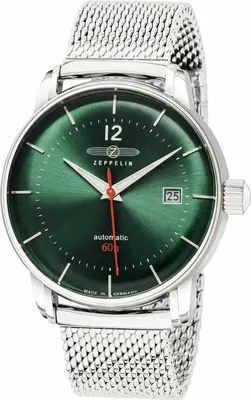 A close-up studio shot of a men's wristwatch with a green dial and a silver mesh band.