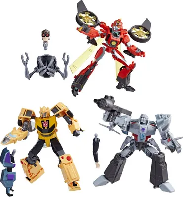 A collage of three Transformers action figures and accessories.