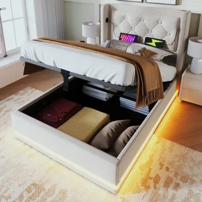 Immagine prodotto di Letto imbottito 90x200 cm, color beige, con spazio contenitore a sollevamento idraulico, testiera imbottita con porte USB e di tipo C, illuminazione LED su 3 lati, senza materasso