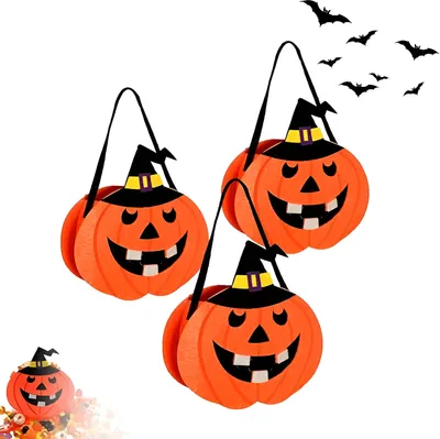 Three Halloween pumpkin candy bags with witch hats are displayed against a white background.