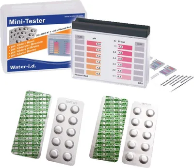 Produktbild von Mini Pooltester Chlor pH Brom Testgerät manuell mit 40 Tabletten Messgerät Pool