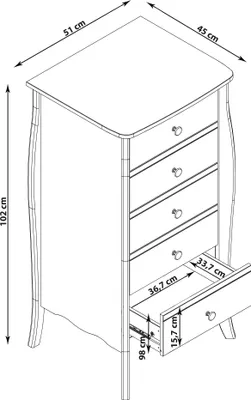A line drawing of a chest of drawers with dimensions indicated by measurement lines and text.