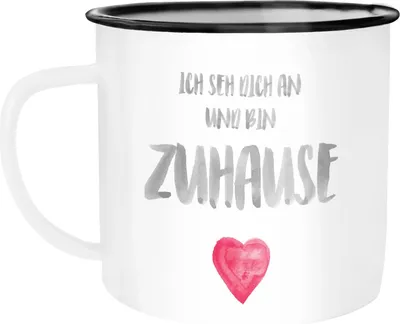 Produktbild von Emaille-Tasse Ich seh dich an und bin zuhause Herz Geschenk Liebe Geschenkidee Weihnachten Valentinstag Moonworks® weiß-schwarz Emailletasse