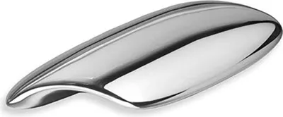 A close-up, studio shot of a chrome-plated bathtub spout on a white background.