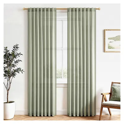 Produktbild von Halbtransparente Gardinen im Landhausstil, 2er Set, H 240 x B 140 cm, Salbeigrün, Leinenoptik, für Wohnzimmer, Schlafzimmer und Kinderzimmer