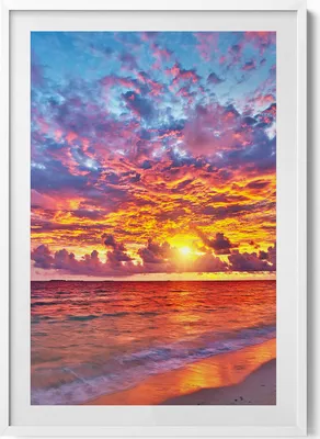 Produktbild von Sonnenuntergang über dem Meer– Wandbild mit Rahmen – Gerahmtes Bild  – Wanddekoration – 70x100 cm –  Weiß Rahmen