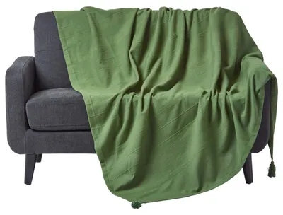 Produktbild von Leichte Baumwolldecke grün – 150x200 cm, handgewebt mit Streifenstruktur, mit Quasten,