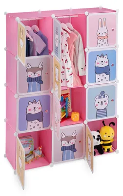 Kinderkleiderschrank mit Babytier-Türen, 2 Kleiderstangen, rosa, 145x110x37 cm
