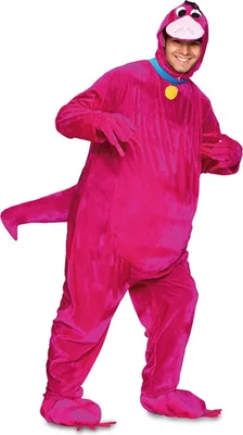A person wearing a pink dinosaur costume.