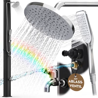 Produktbild von Gartendusche 35 Liter Solardusche Pooldusche mit Handbrause 20cm Regendusche Garten Aussendusche Solar Fußdusche Schwarz Ablasschraube