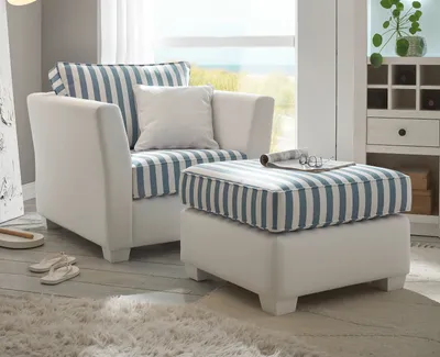Produktbild von Sessel Set "Hooge" in creme und blau Landhaus Wohnzimmer Loungesessel + Hocker