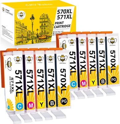 A box of printer cartridges with several cartridges laid out in front of it.