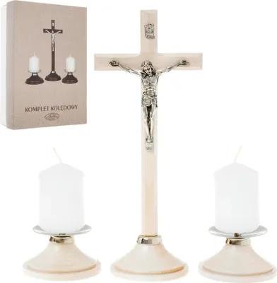 Obrázok produktu pre Beiges Weihnachtslieder-Set aus Holz mit Kreuz und Kerzenständern in einer Box 22 cm