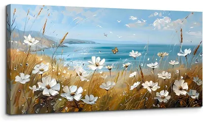 Productafbeelding van Canvas schilderij, bloemenzee aan zee, 50x100 cm, wanddecoratie, woonkamer, oceaanlandschap, kunstafdruk