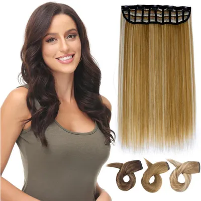 Image de Extension de cheveux à clipser, une tresse, 5 clips, 40 cm, cheveux synthétiques lisses, blond foncé/blond décoloré