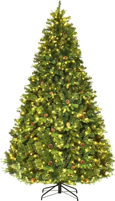A full shot of a decorated artificial Christmas tree.