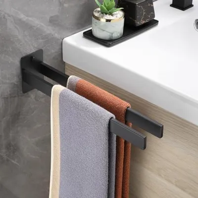 Productafbeelding van PromoHome® Dubbele handdoekhouder, zwart - RVS, wandmontage, badkamer/keuken, handdoekstang 38 cm - Inclusief bevestigingsmateriaal