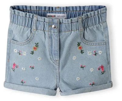 Produktbild von Minoti Jeansshorts 100% Baumwolle Hellblau für Mädchen - Paperbag-Bund mit Blumenstickerei