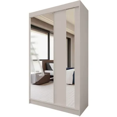 A modern sliding door wardrobe with mirrored doors, reflecting a bedroom interior.