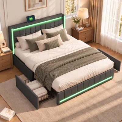 Zdjęcie produktu dla Łóżko tapicerowane BPKADHY, rama łóżka 140x200 cm, ciemnoszary, rama łóżka z 4 szufladami, oświetlenie LED, port USB, tkanina lniana, bez materaca