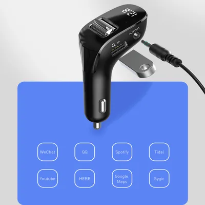 Imagen del producto de Transmisor Bluetooth 5.0 para automóvil, con entrada auxiliar, conexión inalámbrica, cargador USB dual, radio y reproductor de MP3, color