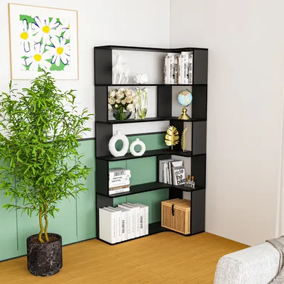 Produktbild von Bücherregal Eck-Bücherregal Standregal mit 5-stöckiges für Wohnzimmer Büro Arbeitszimmer 169x90x48cm Schwarz