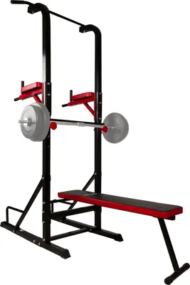 A black and red power tower with a barbell and weights attached, set against a white background.
