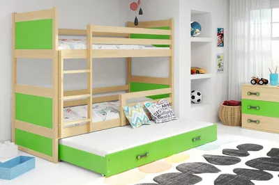 Obrázok produktu pre Detská poschodová posteľ s prístelkou a matracom 80x190 FERGUS - borovica / zelená