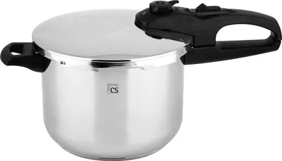 A stainless steel pressure cooker with a black handle and lid mechanism is shown against a white background.