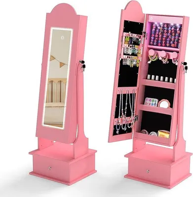 Productafbeelding van Kindersieradenkast met verlichting, 2-in-1 spiegelschaaf, afsluitbaar, met 3 gekleurde spiegels voor het hele lichaam, 4 LED-lampen en een lade. Sieradenorganizer, kantelbaar, voor kinderkamers (roze)