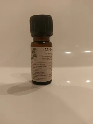 Kleine braune Flasche mit einem schwarzen Verschluss. Auf dem Etikett steht "Melisse".