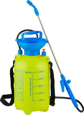 Immagine prodotto di Spruzzatore a pressione Relaxdays con lancia, 5 litri, ugello regolabile, per la cura delle piante e la pulizia, spruzzatore da giardino, giallo/blu