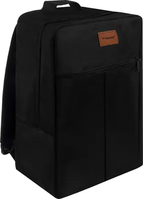 A black backpack with a brown logo patch is shown against a white background.