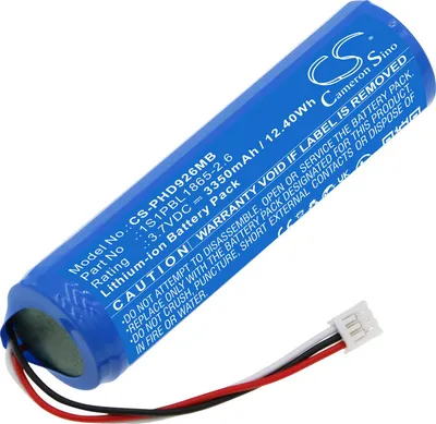 A blue cylindrical battery with white text and a small white connector with red, black, and white wires.