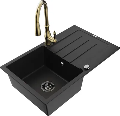 Produktbild von Mexen Bruno 1 Becken-Granitspüle mit Abtropffläche und Mischbatterie Savita, Schwarz - 6513-77-672601-50-B