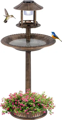 Immagine prodotto di COSTWAY Mangiatoia per uccelli con luce solare, vaso per fiori, mangiatoia per uccelli e supporto, mangiatoia per uccelli retro, vasca per uccelli, Ø50x107cm bronzo