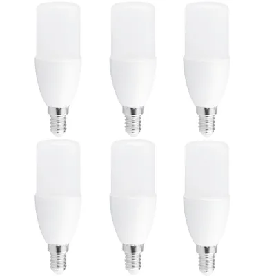 Six white LED light bulbs arranged in two rows of three against a white background.
