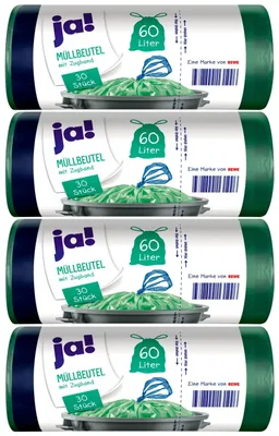 Produktbild von ja! 120 Müllbeutel/Mülltüten mit Zugband, 60 Liter, 30 Stück pro Rolle, reißfeste Bodennaht, transparent, 4 Rollen