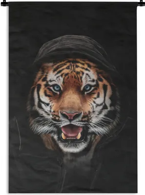 Produktbild von MuchoWow® Wandteppich Wandbehang Tiger - Schwarz - Blau 90x135 cm Tapisserie Dekoration Wandtuch - Baumwolle - Wandskulptur