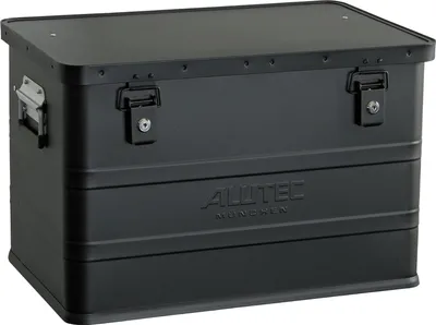 A black aluminum storage box is shown against a white background.