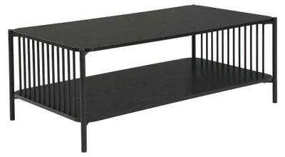 Couchtisch Eiche-Optik Schwarz im Loft-Design mit schwarzer MDF-Tischplatte, Metallgestell und offener Ablage in Gesamtansicht.