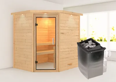 Produktbild von Karibu Sauna Innensauna Mia Eckeinstieg  Ofen 9 kW integr. Strg  224x184x202 cm mit Dachkranz  mit Klarglastür
