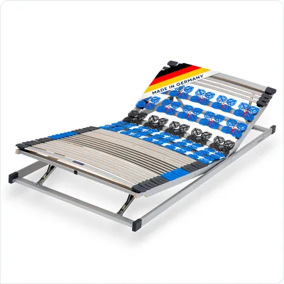 A slatted bed base with adjustable head and foot sections, shown on a white background.